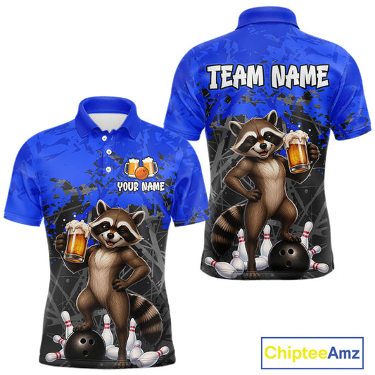 Custom Blue Funny Raccoon Bowling Shirt for Men Bowling Team Jersey Polo & 1/4-Zip QZT1239