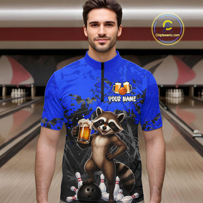 Custom Blue Funny Raccoon Bowling Shirt for Men Bowling Team Jersey Polo & 1/4-Zip QZT1239