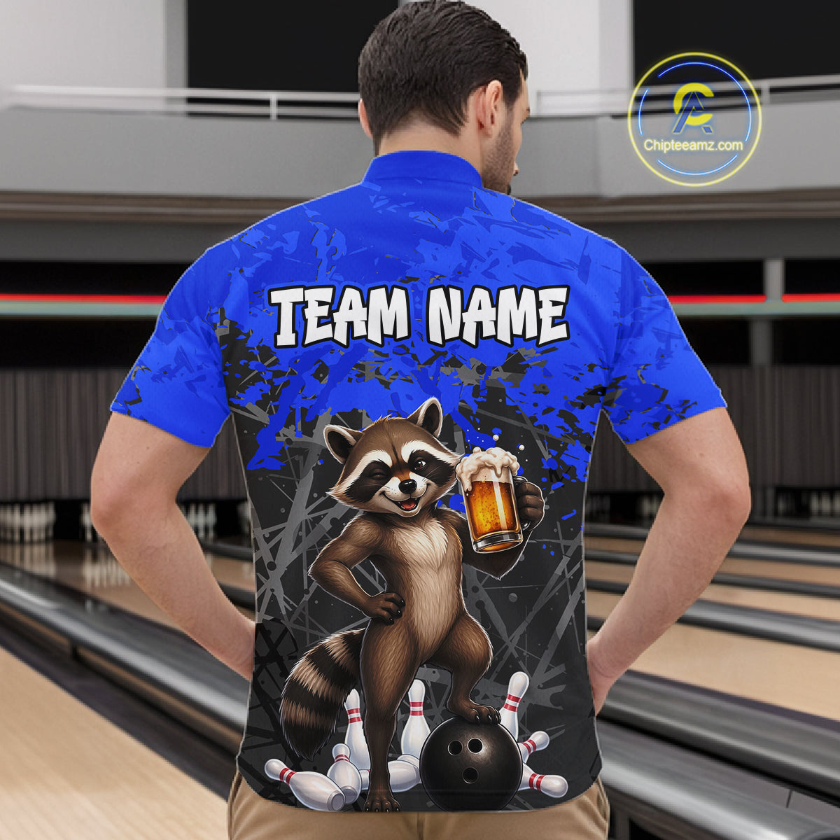 Custom Blue Funny Raccoon Bowling Shirt for Men Bowling Team Jersey Polo & 1/4-Zip QZT1239