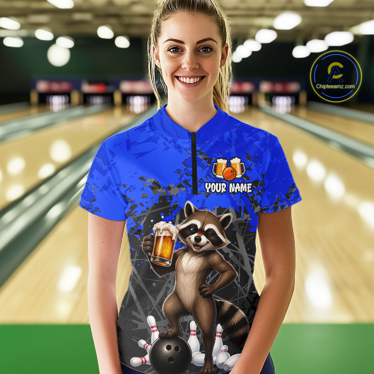 Custom Blue Funny Raccoon Bowling Shirt for Women Bowling Team Jersey Polo & 1/4-Zip QZT1239