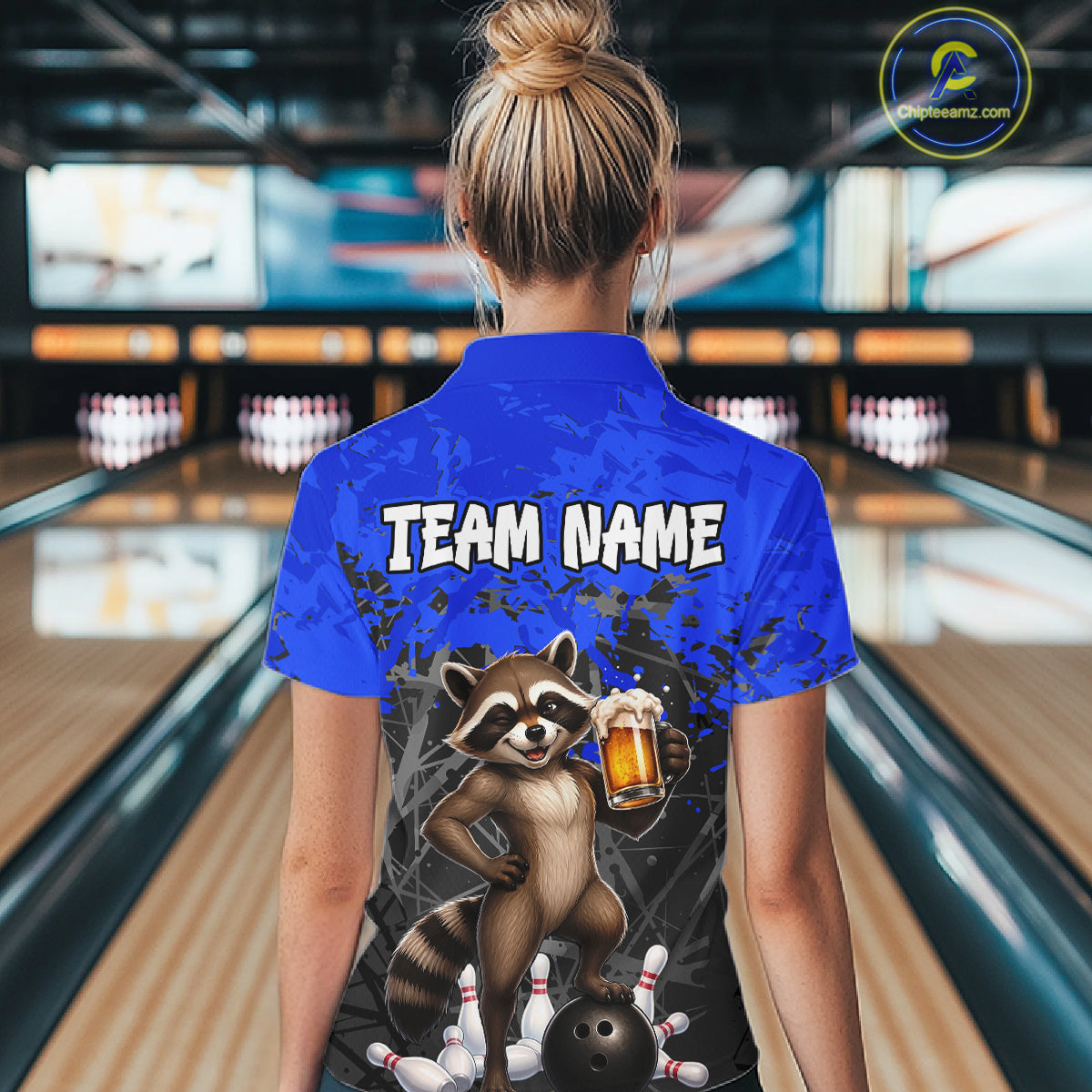 Custom Blue Funny Raccoon Bowling Shirt for Women Bowling Team Jersey Polo & 1/4-Zip QZT1239