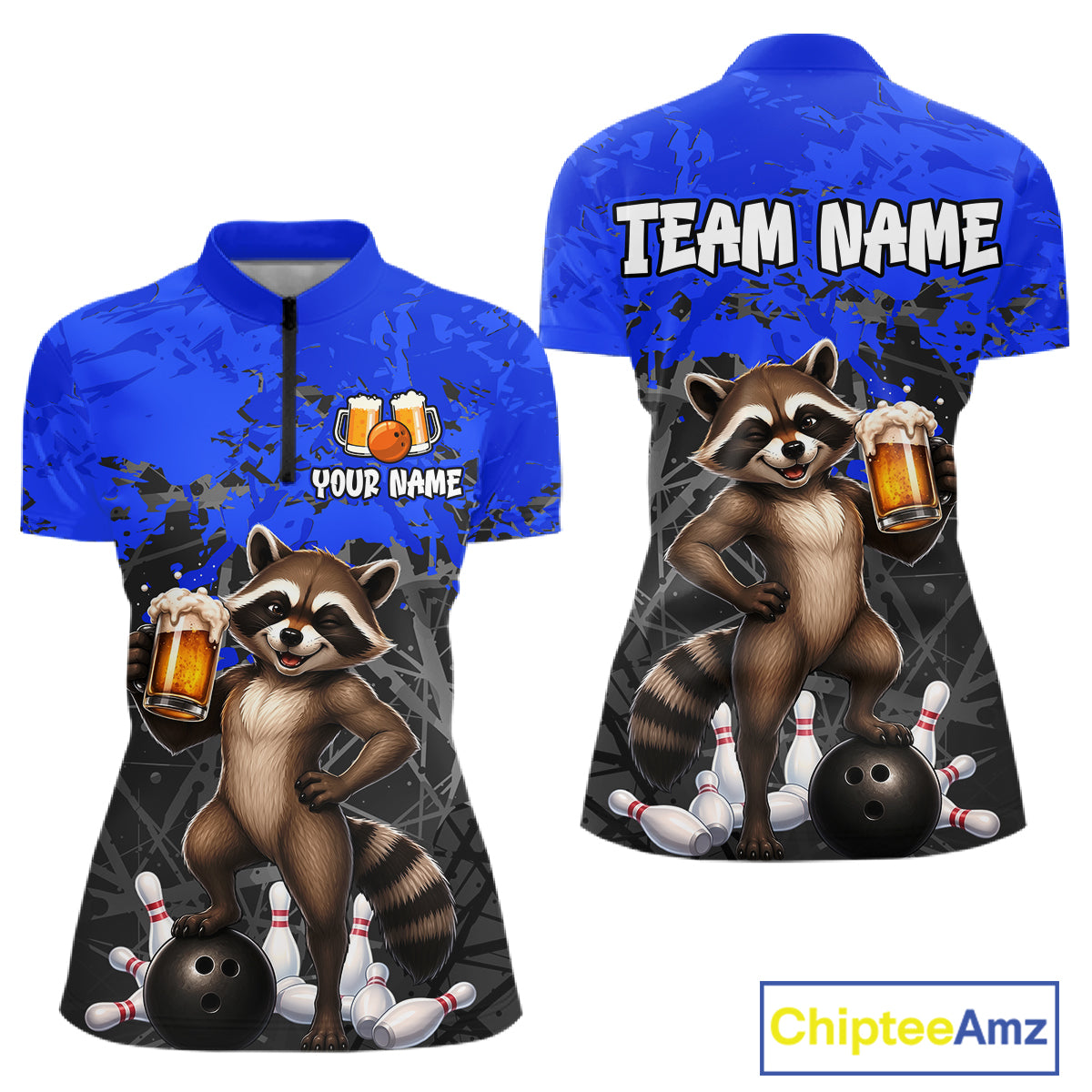 Custom Blue Funny Raccoon Bowling Shirt for Women Bowling Team Jersey Polo & 1/4-Zip QZT1239