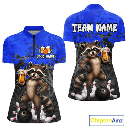 Custom Blue Funny Raccoon Bowling Shirt for Women Bowling Team Jersey Polo & 1/4-Zip QZT1239