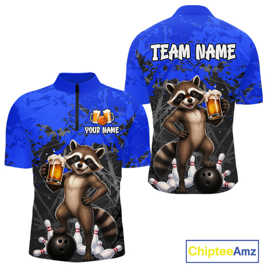 Custom Blue Funny Raccoon Bowling Shirt for Men Bowling Team Jersey Polo & 1/4-Zip QZT1239