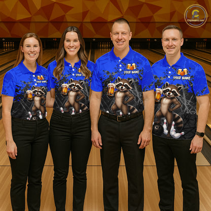 Custom Blue Funny Raccoon Bowling Shirt for Women Bowling Team Jersey Polo & 1/4-Zip QZT1239