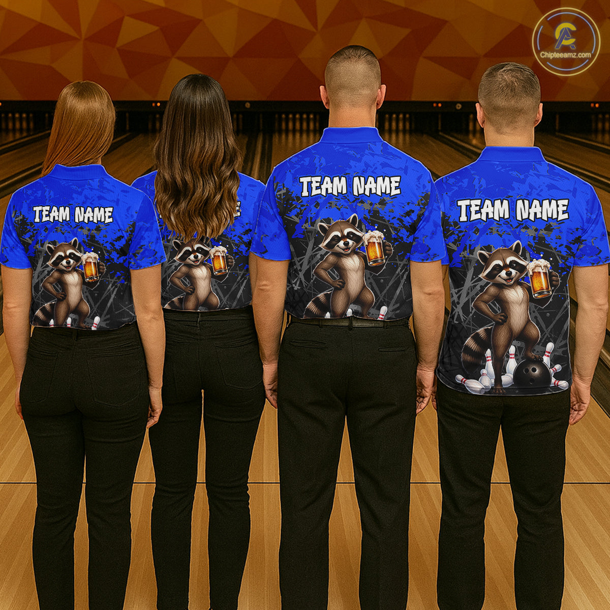 Custom Blue Funny Raccoon Bowling Shirt for Women Bowling Team Jersey Polo & 1/4-Zip QZT1239