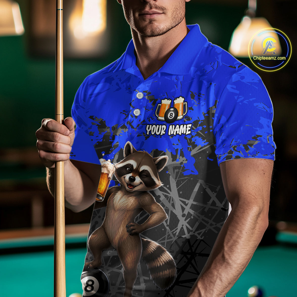 Custom Blue Funny Raccoon with Beer Billiard Shirt 8 Ball Billiard Jersey for Men Pool Shirt BHT117