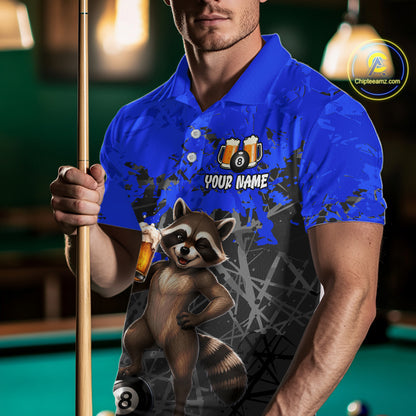 Custom Blue Funny Raccoon with Beer Billiard Shirt 8 Ball Billiard Jersey for Men Pool Shirt BHT117