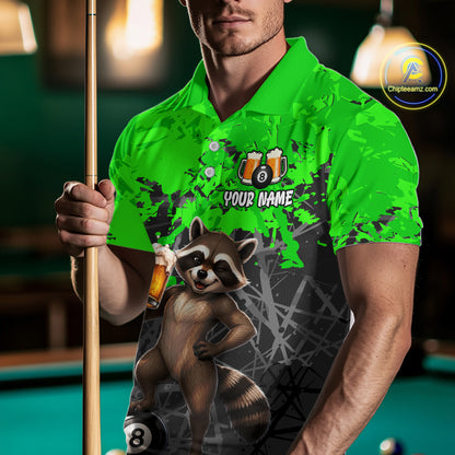 Custom Green Funny Raccoon with Beer Billiard Shirt 8 Ball Billiard Jersey for Men Pool Shirt BHT117