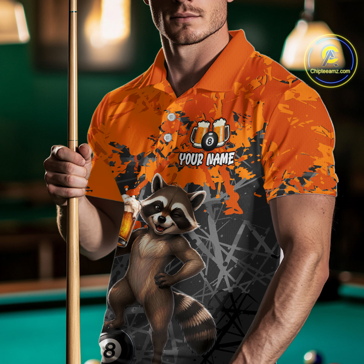 Custom Orange Funny Raccoon with Beer Billiard Shirt 8 Ball Billiard Jersey for Men Pool Shirt BHT117