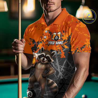 Custom Orange Funny Raccoon with Beer Billiard Shirt 8 Ball Billiard Jersey for Men Pool Shirt BHT117