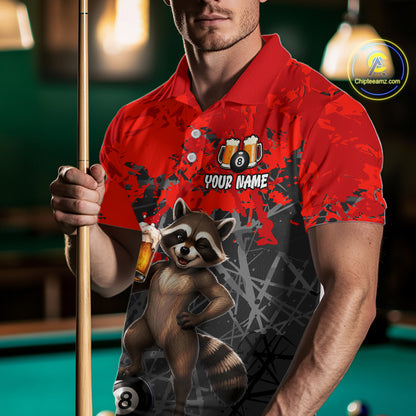 Custom Red Funny Raccoon with Beer Billiard Shirt 8 Ball Billiard Jersey for Men Pool Shirt BHT117