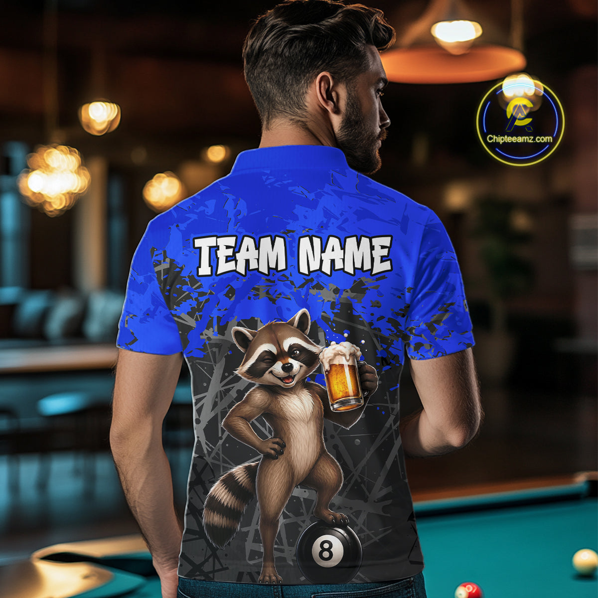 Custom Blue Funny Raccoon with Beer Billiard Shirt 8 Ball Billiard Jersey for Men Pool Shirt BHT117
