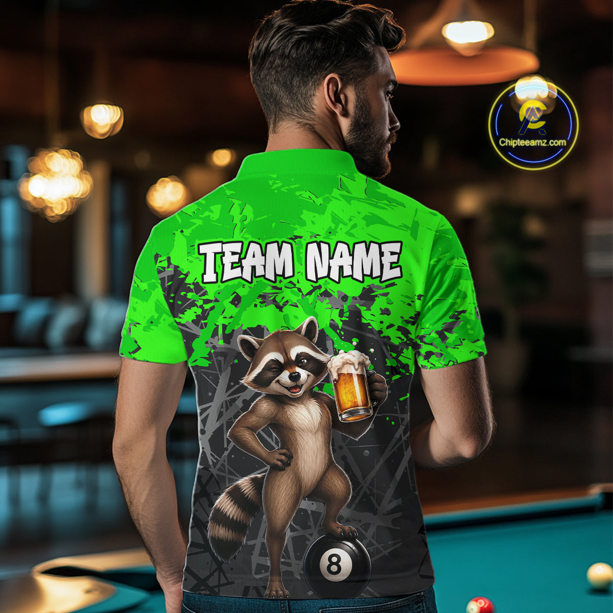 Custom Green Funny Raccoon with Beer Billiard Shirt 8 Ball Billiard Jersey for Men Pool Shirt BHT117