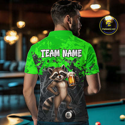 Custom Green Funny Raccoon with Beer Billiard Shirt 8 Ball Billiard Jersey for Men Pool Shirt BHT117