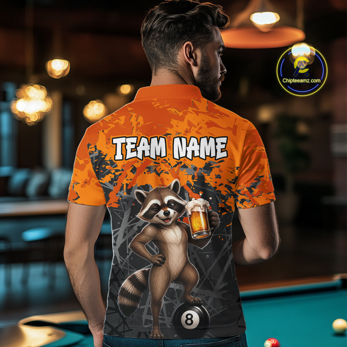 Custom Orange Funny Raccoon with Beer Billiard Shirt 8 Ball Billiard Jersey for Men Pool Shirt BHT117
