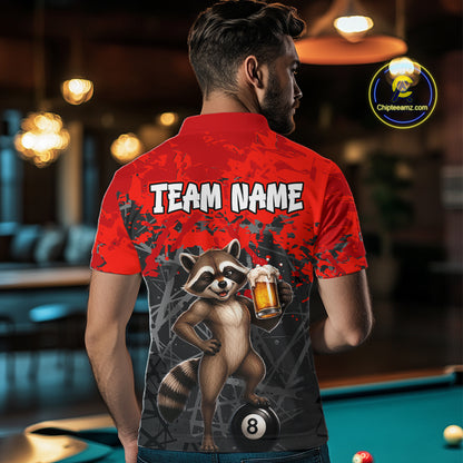 Custom Red Funny Raccoon with Beer Billiard Shirt 8 Ball Billiard Jersey for Men Pool Shirt BHT117