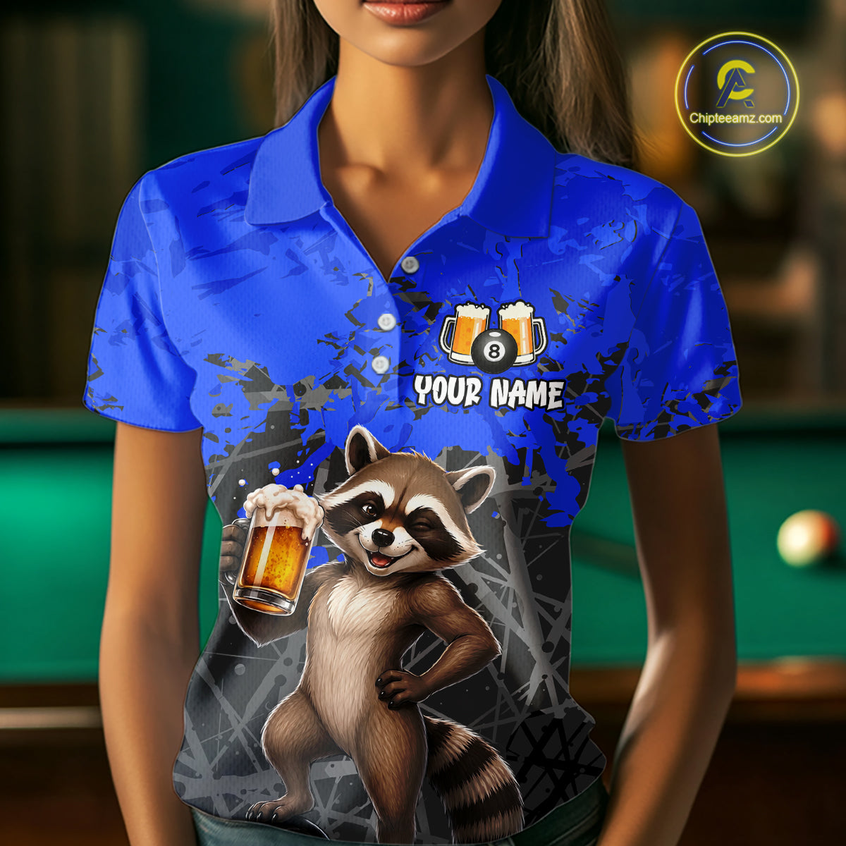 Custom Blue Funny Raccoon with Beer Billiard Shirt 8 Ball Billiard Jersey for Women Pool Shirt BHT117