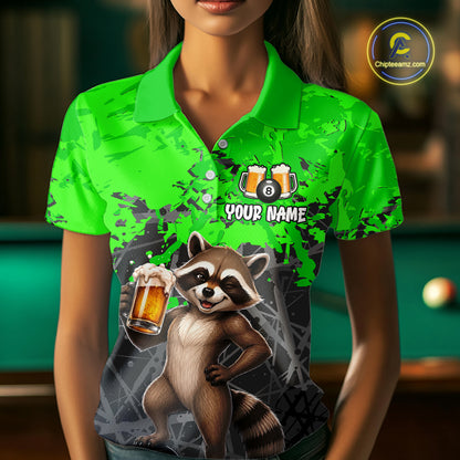 Custom Green Funny Raccoon with Beer Billiard Shirt 8 Ball Billiard Jersey for Women Pool Shirt BHT117