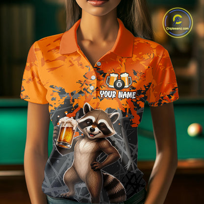 Custom Orange Funny Raccoon with Beer Billiard Shirt 8 Ball Billiard Jersey for Women Pool Shirt BHT117