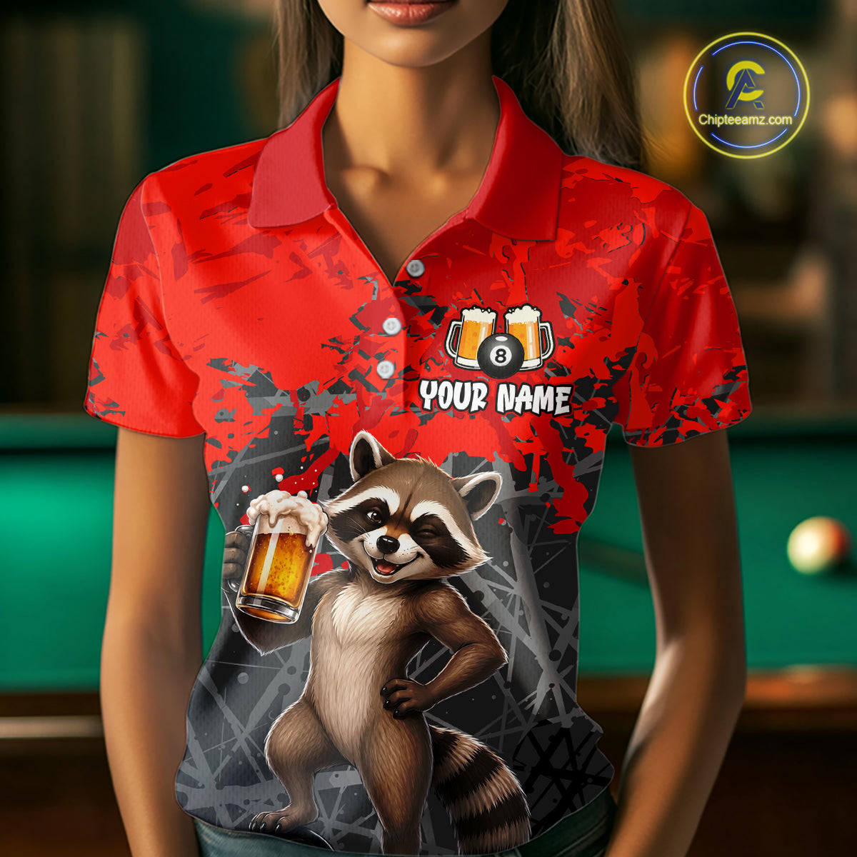 Custom Red Funny Raccoon with Beer Billiard Shirt 8 Ball Billiard Jersey for Women Pool Shirt BHT117