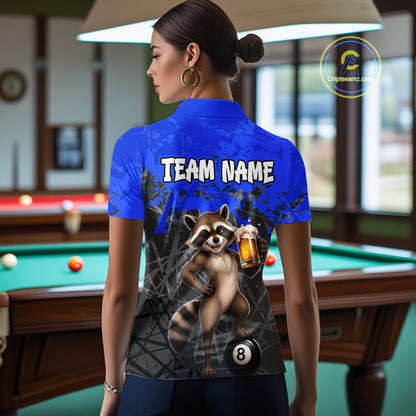 Custom Blue Funny Raccoon with Beer Billiard Shirt 8 Ball Billiard Jersey for Women Pool Shirt BHT117