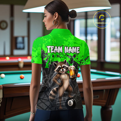 Custom Green Funny Raccoon with Beer Billiard Shirt 8 Ball Billiard Jersey for Women Pool Shirt BHT117