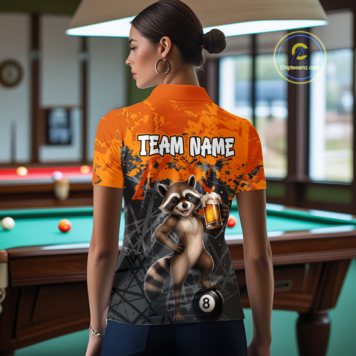 Custom Orange Funny Raccoon with Beer Billiard Shirt 8 Ball Billiard Jersey for Women Pool Shirt BHT117