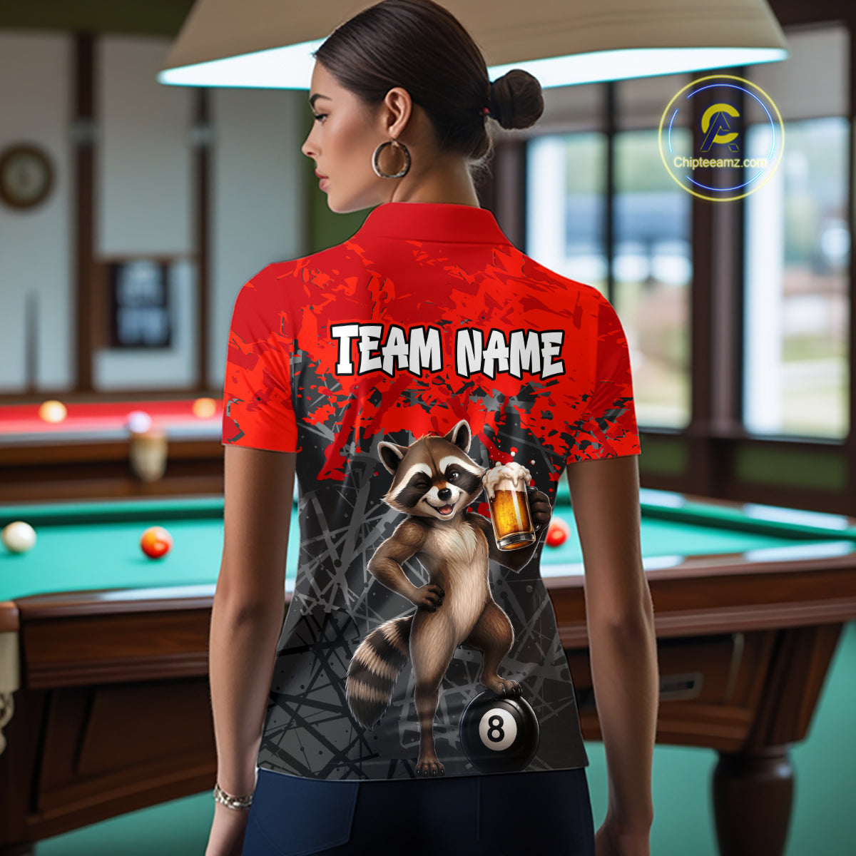 Custom Red Funny Raccoon with Beer Billiard Shirt 8 Ball Billiard Jersey for Women Pool Shirt BHT117
