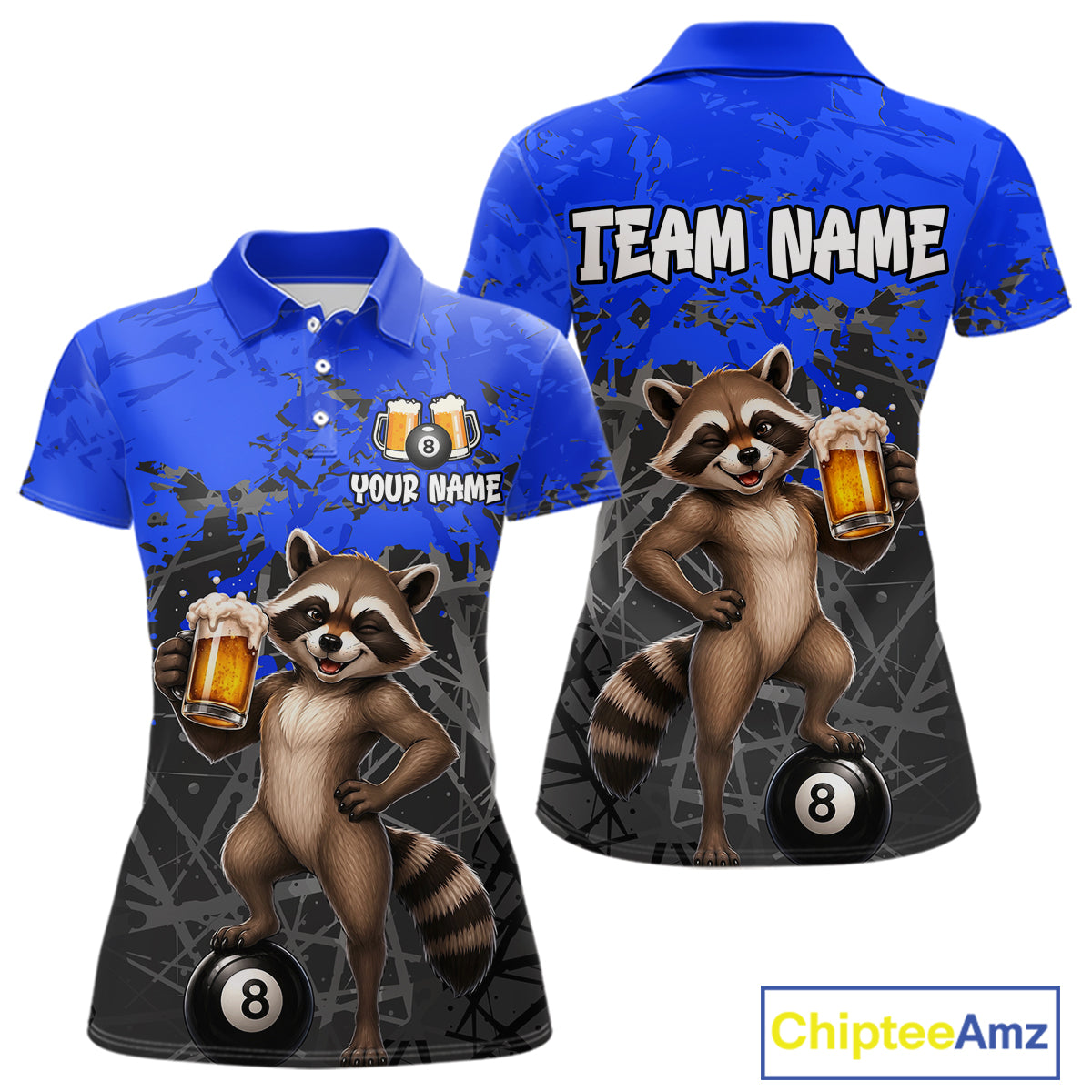 Custom Blue Funny Raccoon with Beer Billiard Shirt 8 Ball Billiard Jersey for Women Pool Shirt BHT117