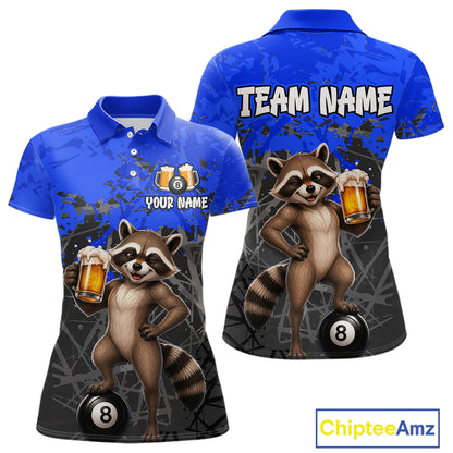 Custom Blue Funny Raccoon with Beer Billiard Shirt 8 Ball Billiard Jersey for Women Pool Shirt BHT117
