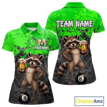 Custom Green Funny Raccoon with Beer Billiard Shirt 8 Ball Billiard Jersey for Women Pool Shirt BHT117