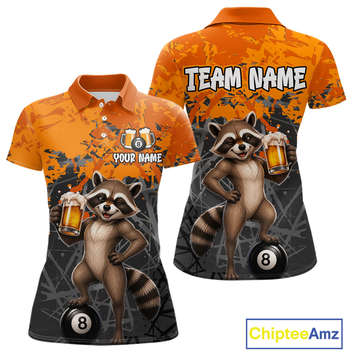 Custom Orange Funny Raccoon with Beer Billiard Shirt 8 Ball Billiard Jersey for Women Pool Shirt BHT117