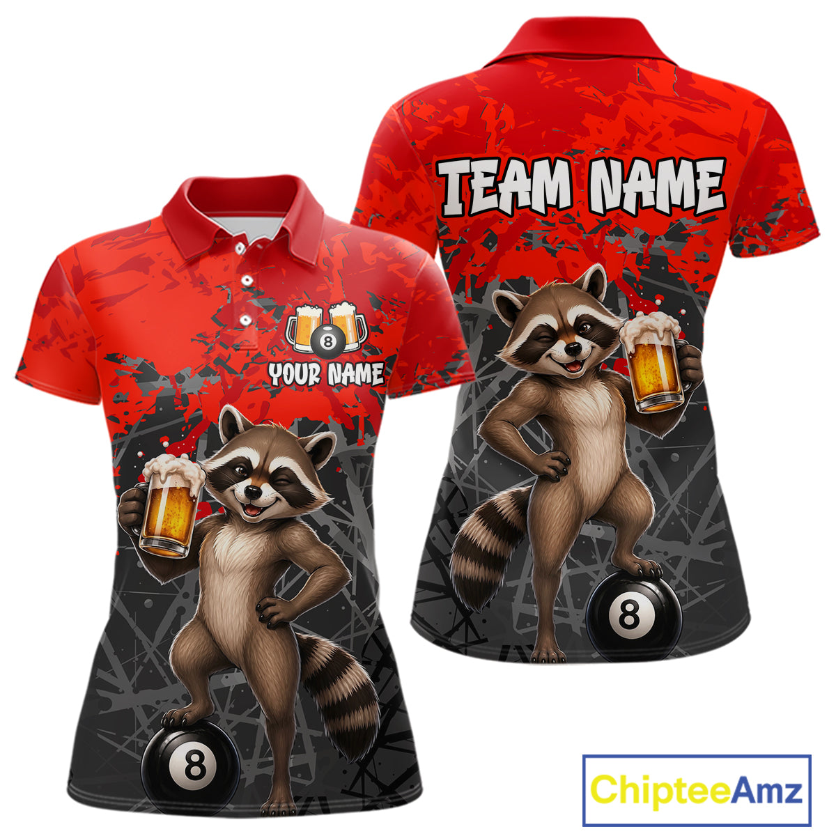 Custom Red Funny Raccoon with Beer Billiard Shirt 8 Ball Billiard Jersey for Women Pool Shirt BHT117