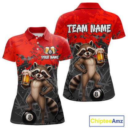 Custom Red Funny Raccoon with Beer Billiard Shirt 8 Ball Billiard Jersey for Women Pool Shirt BHT117