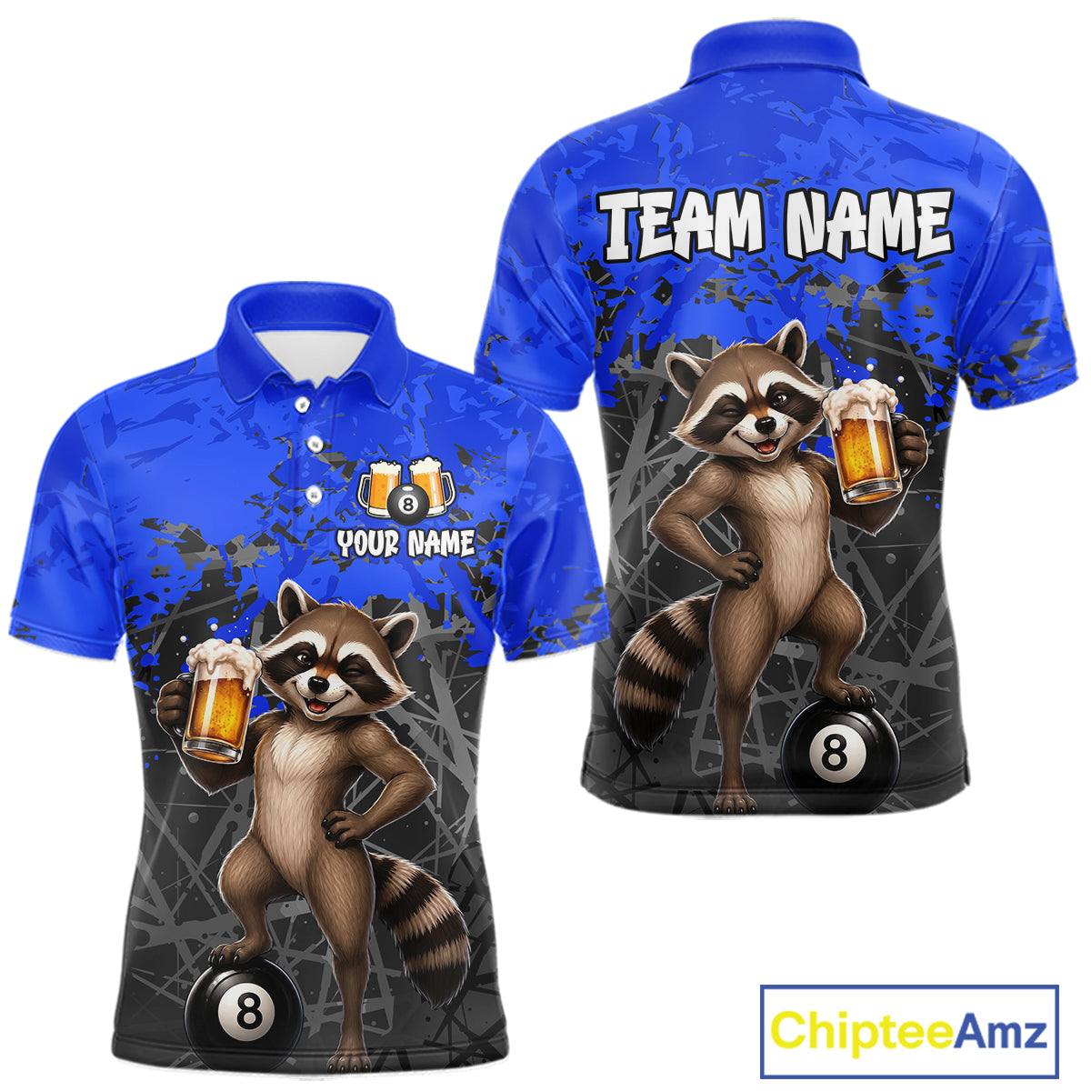 Custom Blue Funny Raccoon with Beer Billiard Shirt 8 Ball Billiard Jersey for Men Pool Shirt BHT117