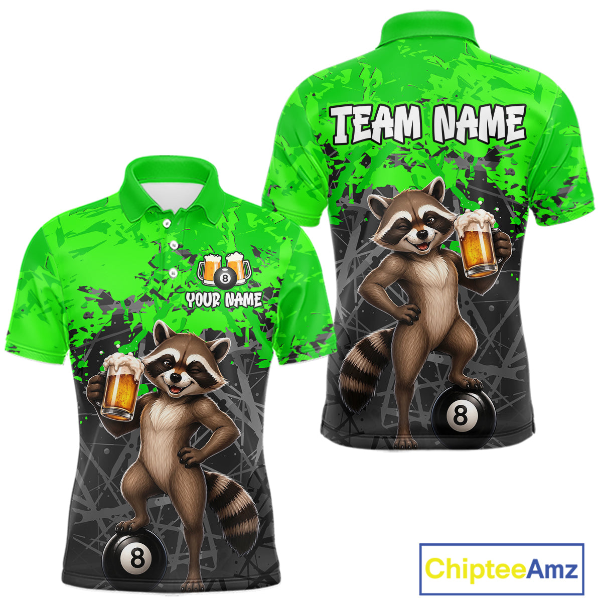 Custom Green Funny Raccoon with Beer Billiard Shirt 8 Ball Billiard Jersey for Men Pool Shirt BHT117