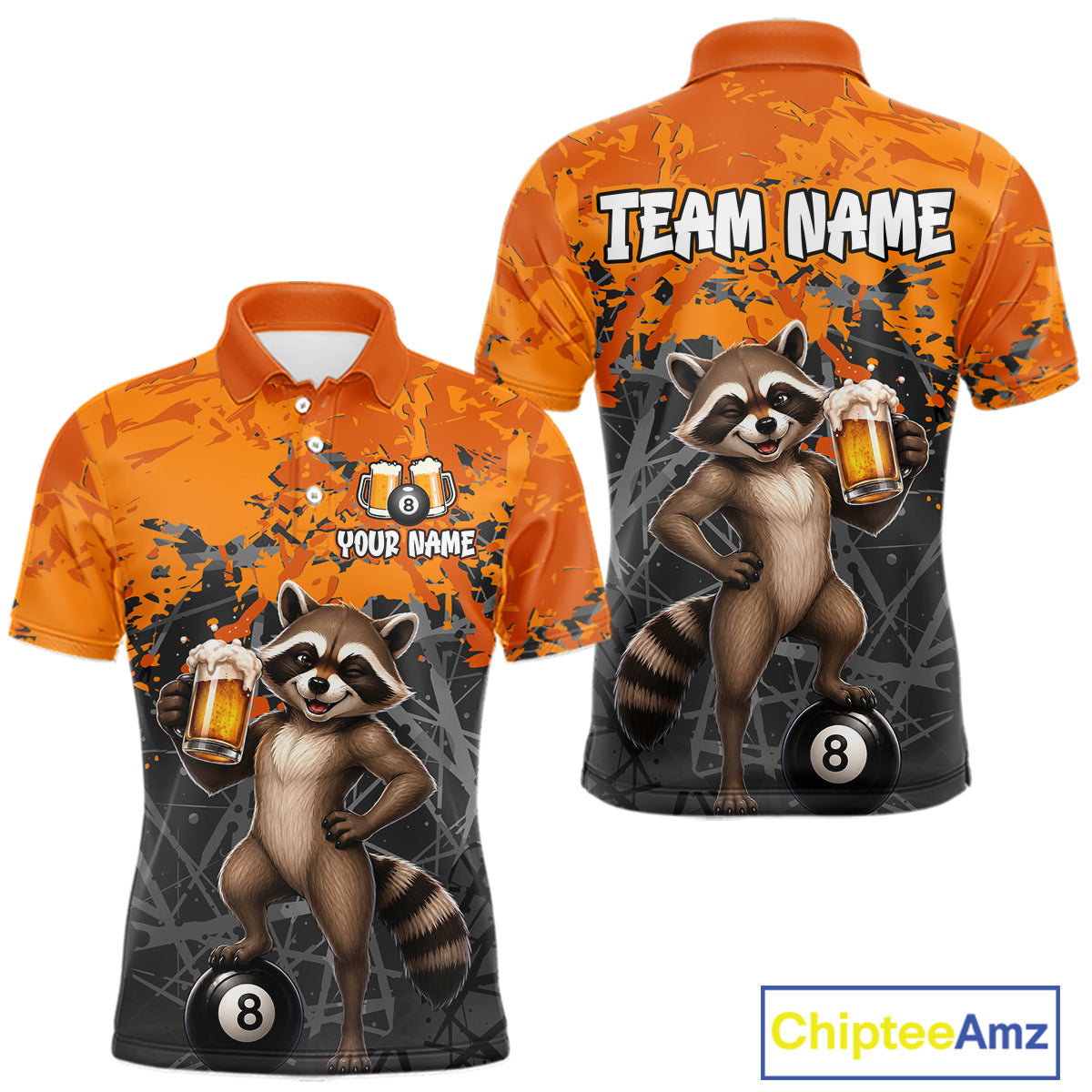 Custom Orange Funny Raccoon with Beer Billiard Shirt 8 Ball Billiard Jersey for Men Pool Shirt BHT117