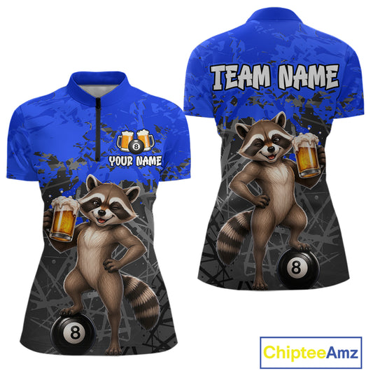 Custom Blue Funny Raccoon with Beer Billiard Shirt 8 Ball Billiard Jersey for Women Pool Shirt BHT117