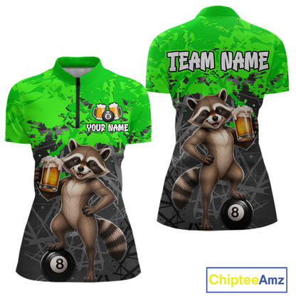 Custom Green Funny Raccoon with Beer Billiard Shirt 8 Ball Billiard Jersey for Women Pool Shirt BHT117