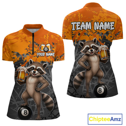 Custom Orange Funny Raccoon with Beer Billiard Shirt 8 Ball Billiard Jersey for Women Pool Shirt BHT117
