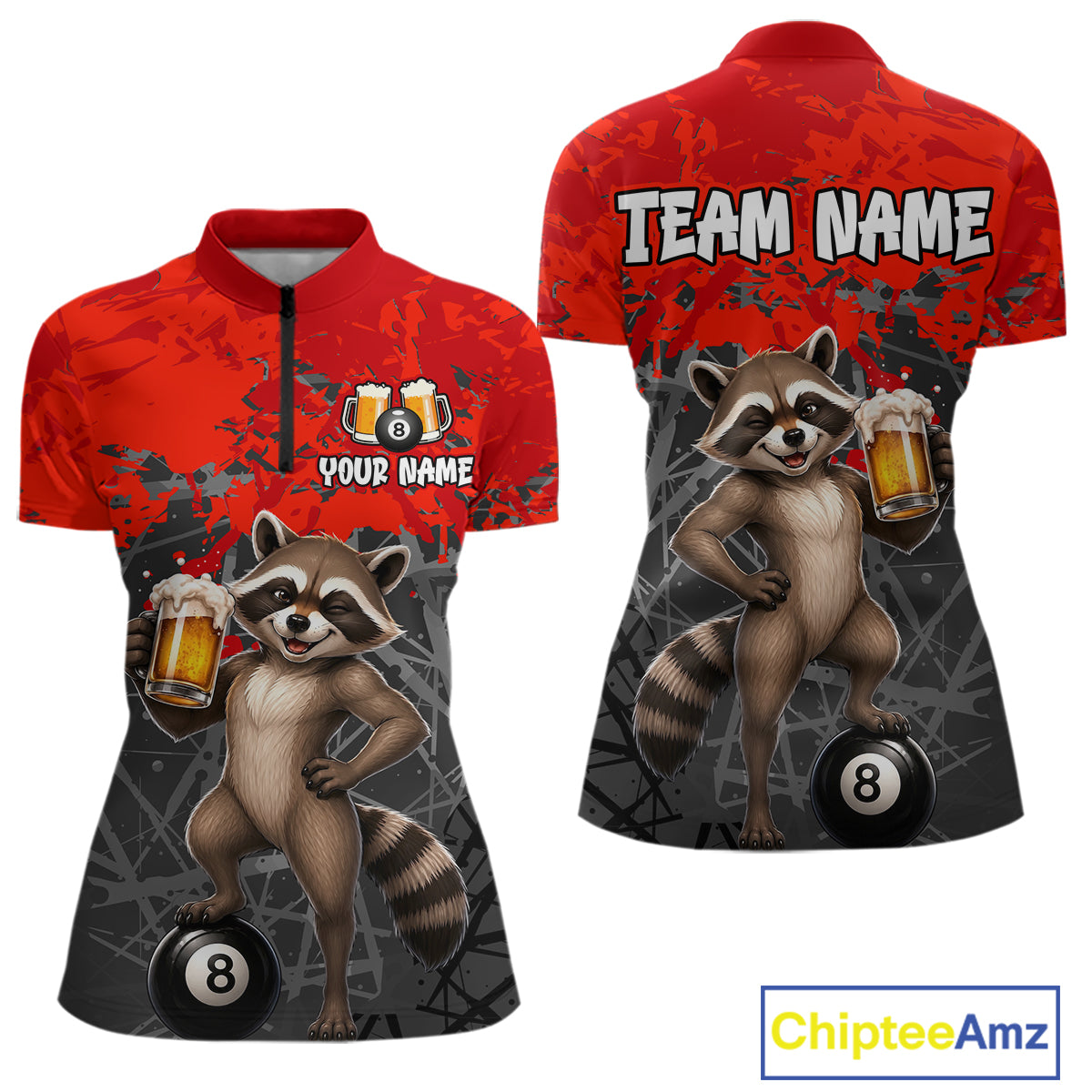 Custom Red Funny Raccoon with Beer Billiard Shirt 8 Ball Billiard Jersey for Women Pool Shirt BHT117