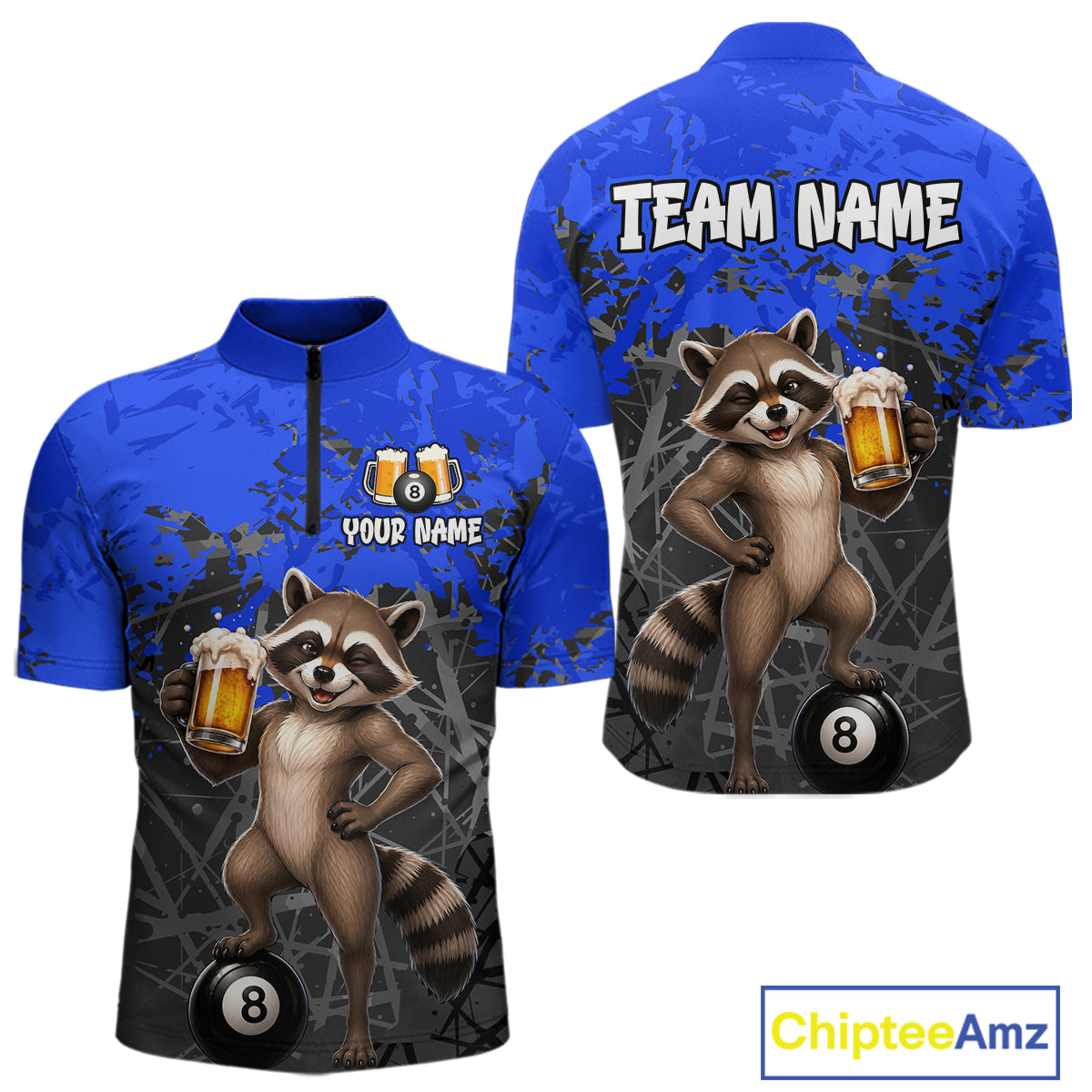 Custom Blue Funny Raccoon with Beer Billiard Shirt 8 Ball Billiard Jersey for Men Pool Shirt BHT117