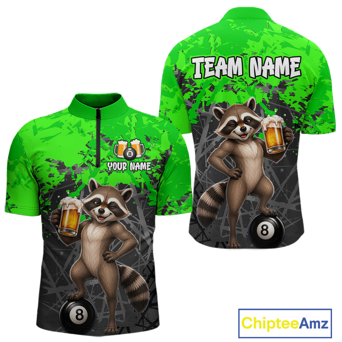 Custom Green Funny Raccoon with Beer Billiard Shirt 8 Ball Billiard Jersey for Men Pool Shirt BHT117