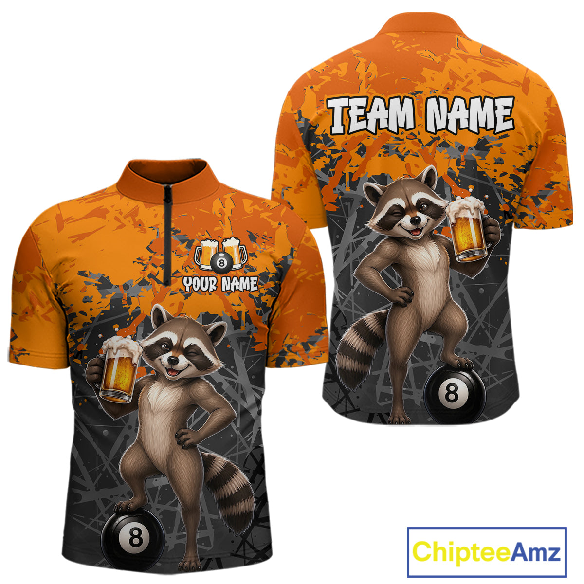Custom Orange Funny Raccoon with Beer Billiard Shirt 8 Ball Billiard Jersey for Men Pool Shirt BHT117
