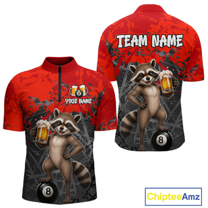 Custom Red Funny Raccoon with Beer Billiard Shirt 8 Ball Billiard Jersey for Men Pool Shirt BHT117