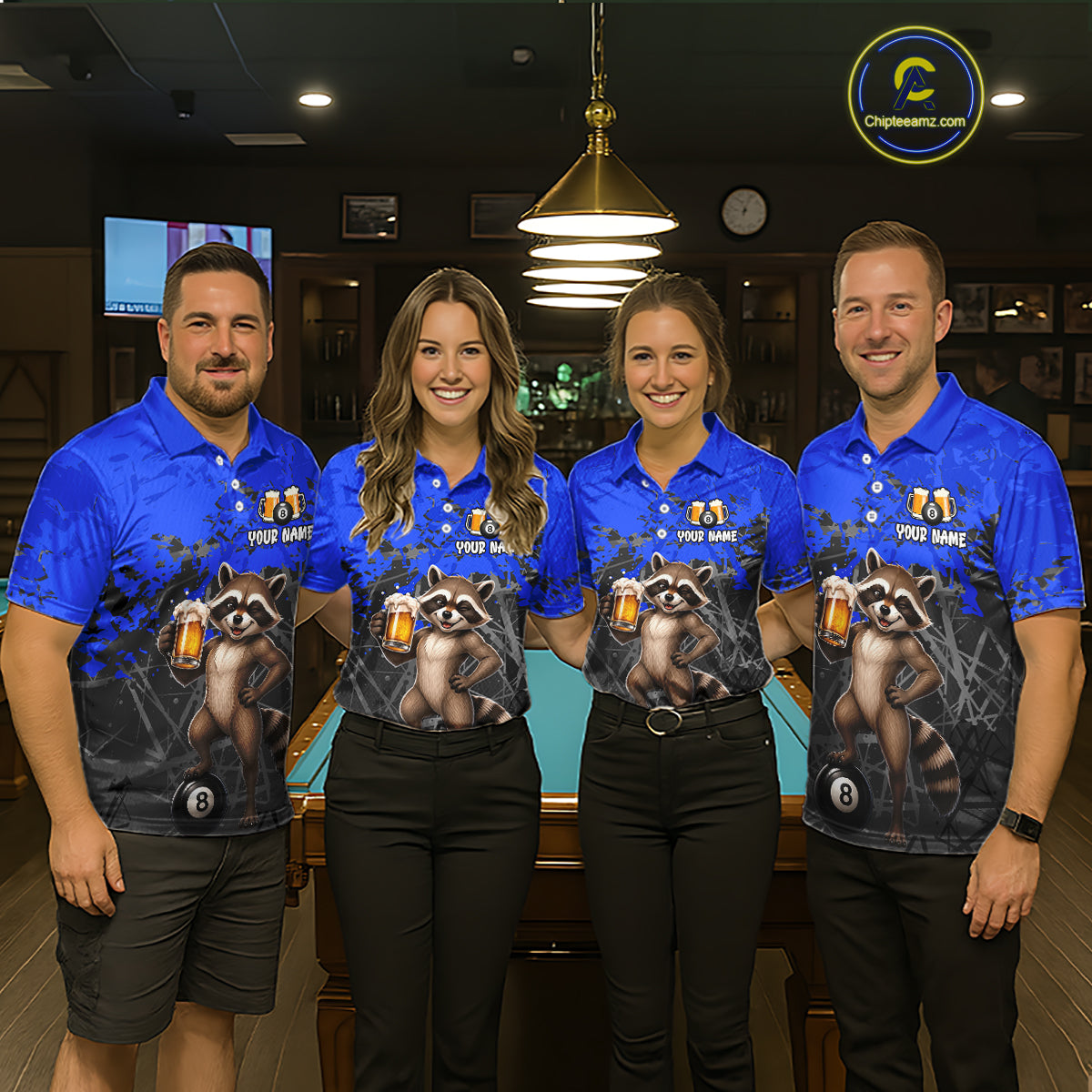 Custom Blue Funny Raccoon with Beer Billiard Shirt 8 Ball Billiard Jersey for Men Pool Shirt BHT117