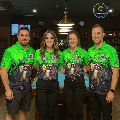 Custom Green Funny Raccoon with Beer Billiard Shirt 8 Ball Billiard Jersey for Men Pool Shirt BHT117