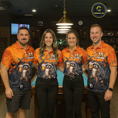 Custom Orange Funny Raccoon with Beer Billiard Shirt 8 Ball Billiard Jersey for Men Pool Shirt BHT117
