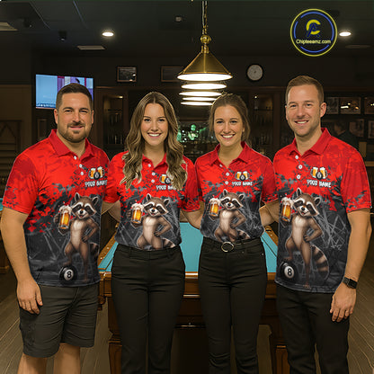 Custom Red Funny Raccoon with Beer Billiard Shirt 8 Ball Billiard Jersey for Men Pool Shirt BHT117